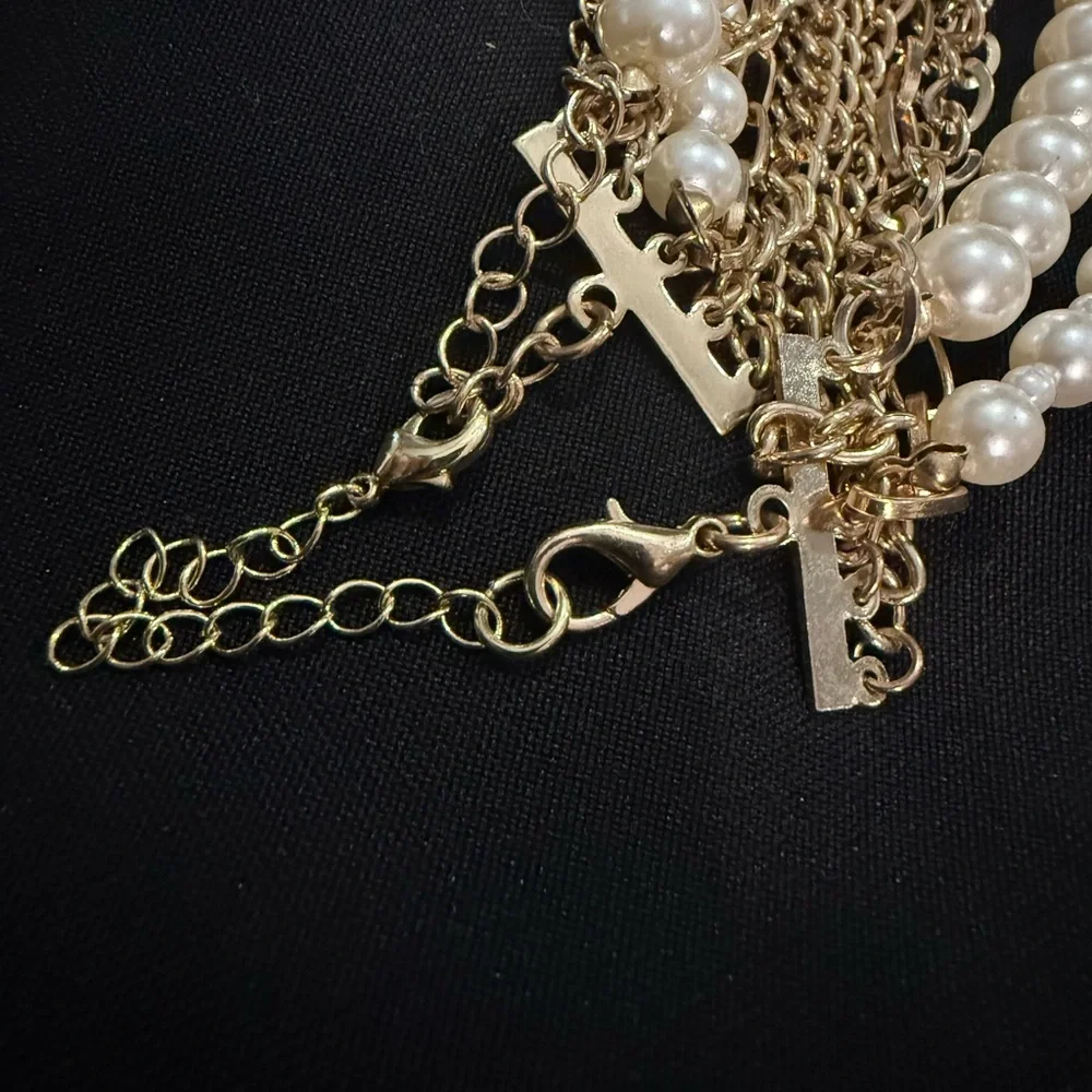 Multi-Strand Gold-Tone Faux Pearl and Chain Layered Necklace